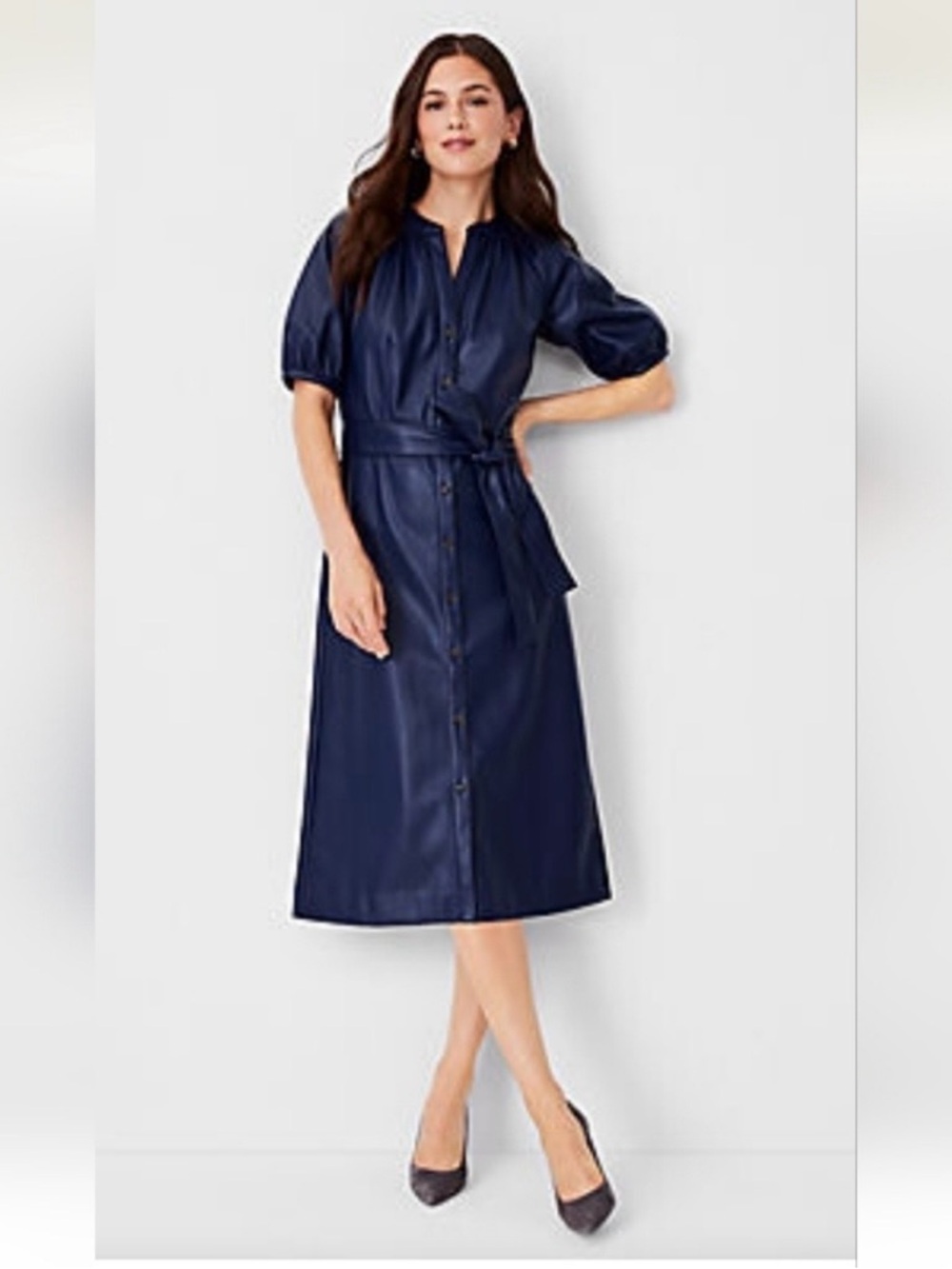 Ann Taylor Navy Button-Front Faux Leather Midi Dress with Tie Belt